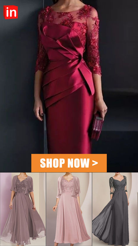 Sheath / Column Mother of the Bride Dress Elegant Illusion Neck Knee Length Satin Lace 3/4 Length Sleeve with Appliques Ruching 2023 Bride Dress 2023, Mother Dresses, Radiate Confidence, Tulle Bridesmaid Dress, Mother Wedding Dress, Bridal Dress Fashion, Dresses Formal Elegant, Mothers Dresses, Mother Of The Bride Dress