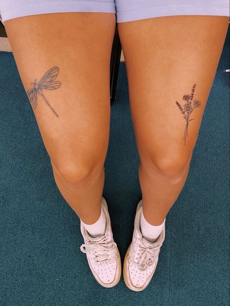 Nature Related Tattoos, Thigh Dragonfly Tattoo, Dragonfly Tattoo On Leg, Leg Tattoos Aesthetic Simple, Hummingbird Knee Tattoo, Lavender Tattoo Leg, Dragon Fly Leg Tattoo, Dragonfly On Flower Tattoo, Dragonfly Tattoo With Words