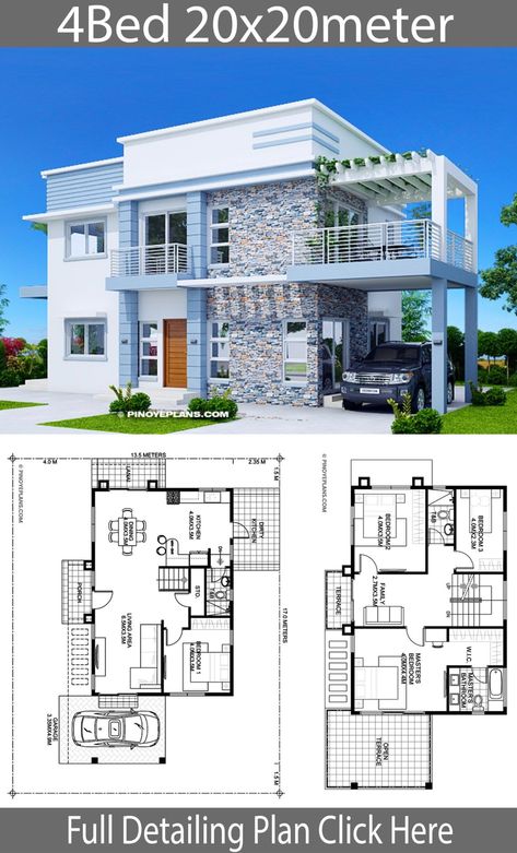 Antonio - Four Bedroom Modern Home Plan 8C3 Two Story House Design, Modern House Floor Plans, 2 Storey House Design, Two Story House, Building Plans House, Simple House Design, House Plan Gallery, House Construction Plan, Simple House Plans