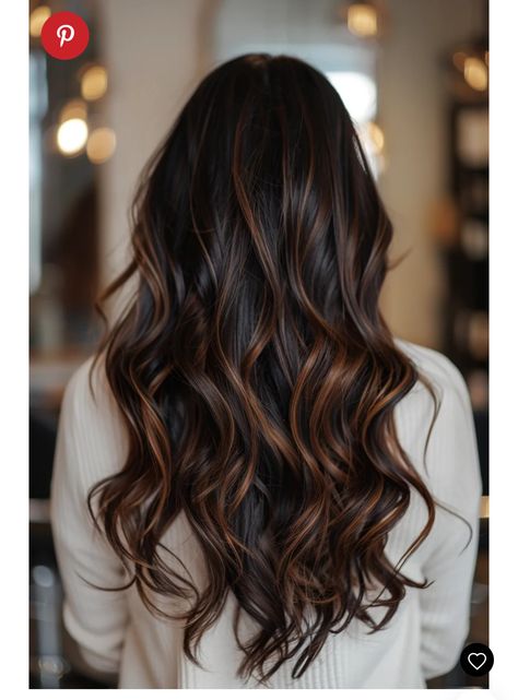 Highlights For Asian Hair Black, Dark Brown With Black Highlights, Black Hair With Honey Brown Highlights, Caramel Highlights Black Hair, Brown Streaks In Black Hair, Hair Highlights For Dark Hair Black, Burnett Highlights, Black Hair With Streaks, Caramel Brown Highlights On Black Hair