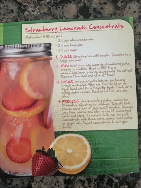 Canned strawberry lemonade concentrate from Ball Canning Lemonade Concentrate, Strawberry Lemonade Concentrate Recipe, Strawberry Lemonade Concentrate, Lemonade Concentrate Recipe, Water Canning, Recipes Strawberries, Drunken Monkey, Canning Water, Homestead Recipes