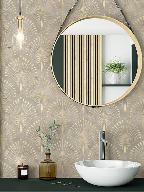 Art Deco Removable Peel and Stick Luxury wallpaper Vintage gold wall mural QUALITY Material: 100% polyester self-adhesive fabric Application: Peel and Stick Formaldehyde-free adhesive Cleaning method: Damp Cloth/Sponge NOTE: Not recommended for use on textured walls The pattern repeats every 24 inches HOW TO MEASURE 1. Measure your wall in inches. 2. Divide the width by 24. If the amount is not a whole number, round up to the nearest whole number. That is the number of rolls you need. 3. Round t Wall Papering Ideas Living Room Art Deco, Timeless Wallpaper Bathroom, Art Deco Inspired Bathroom, Powder Room Bathroom Wallpaper, Mid Century Modern Bathroom Small Wallpaper, Vintage Glam Wallpaper, Bathroom Accent Wall Wallpaper, Stairwell Wallpaper Ideas, Wallpaper In Bathroom Statement Wall