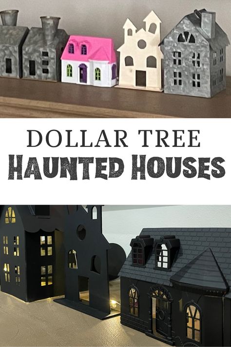 Halloween Houses Decorated, Easy Diy Haunted House Ideas, Diy Halloween Village Display, Halloween Village Display Ideas Diy, Diy Halloween Mini Haunted House, Diy Haunted Village, Halloween Houses Diy, Mini Haunted House Diy, Diy Halloween House Village