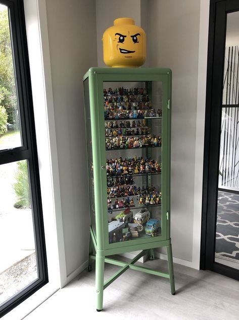 Lego Glass Display, Minifigure Display, Lego Minifigure Display, Ikea Cabinet, Lego Display, Lego Minifigure, Lego Minifigures, Home Reno, Apartment Ideas