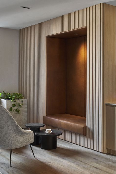 Timber Room Divider Interiors, Relax Room Design, Niche Seating, Acoustic Panel Hidden Door, Timber Cladding Interior Feature Walls, Slatted Wall Hidden Door, Millwork Design, Cubby Wall, Natural Oak Acoustic Slat Wood Wall Panels