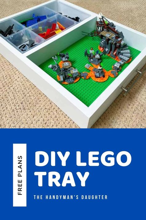 Take Lego on the go with this simple DIY Lego tray! Customize the two sides for an organizer or loose pieces, and Lego base plates for building! It's easy to carry with handles on both sides. Get the free woodworking plans for this project and get building today! Lego Tray, Lego Diy Crafts, Diy Lego, Lego Diy, Lego Table, Lego Storage, Lego Pieces, Free Woodworking Plans, Work Diy