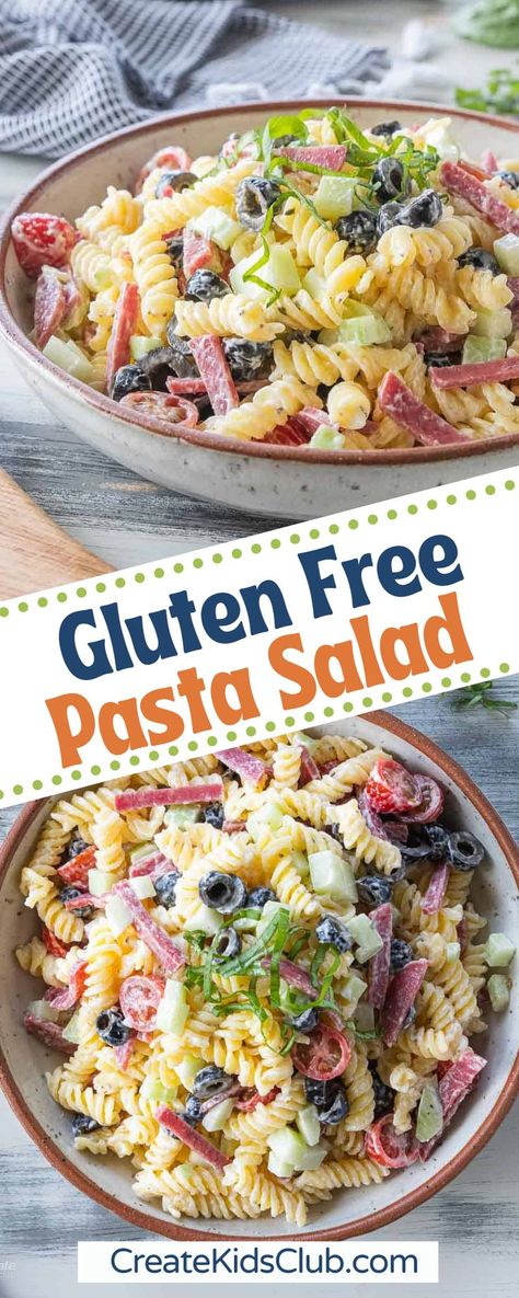 Our gluten-free pasta salad is simple to make and features simple ingredients kids love. Made with an easy mayo-based dressing this pasta salad is also dairy-free. It is the creaminess of the dressing combined with the crunch of the cucumbers and saltiness of the salami that makes this one of the best gluten free pasta salad recipes. Add in the sliced olives and fresh tomatoes & you’ve got yourself the ultimate side dish! Easy Gluten Free Pasta Recipes, Gluten Free Pasta Salad Recipes Cold, Mayo Based Pasta Salad, Dairy Free Salad Recipes, Gf Pasta Salad, Best Gluten Free Pasta, Gluten Free Pasta Salad Recipes, Kid Friendly Pasta Salad, Easy Mayo