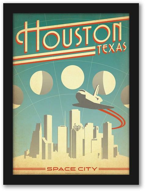 Americanflat  Houston Space City  Framed Wall Art American Travel Posters, Vintage Films, Houston Skyline, Anderson Design Group, Postal Vintage, City Poster, Art Deco Posters, Jules Verne, American Travel