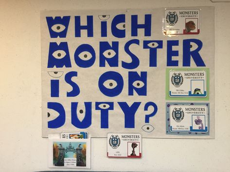 Monsters Inc Bulletin Board, Residence Life Bulletin Boards, University Classroom, Ra Decorations, Door Decorations College, Hollywood Theme Classroom, Ra Themes, Disney Halloween Decorations, Office Halloween Decorations