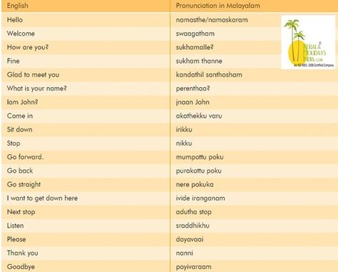 Learn various Malayalam pronunciation with Kerala Holidays. Learn Now: http://www.keralaholidaysindia.com/malayalam_for_tourists.php English Words With Malayalam Meaning, Malayalam To English Translation, Learn Malayalam Through Tamil, Malayalam Language Learning, Learn Malayalam Through English, Malayalam Learning, Learn Malayalam, Kerala Trip, Languages Learning