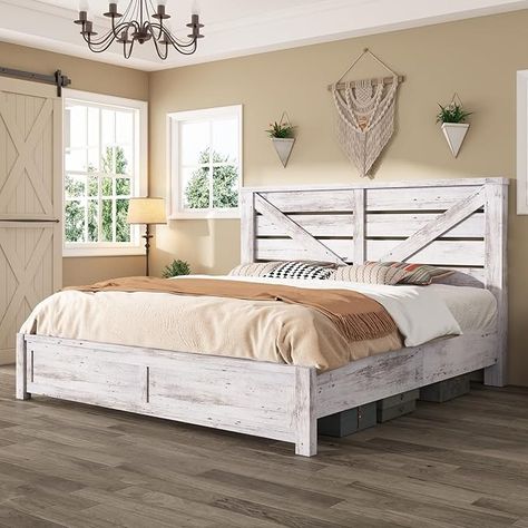 Amazon.com: AMERLIFE King Size Farmhouse Bed Frame with 49.2" Barn Door Headboard, Platform Bed Frame with Wood Slats, Under Bed Storage Space, Easy Assembly, Noisy Free, Distressed White : Home & Kitchen Barn Door Headboard, Farmhouse Bed Frame, Headboard Platform Bed, Farmhouse Style Bedding, Farmhouse Headboard, Door Headboard, Bed Base Frame, Farmhouse Bed, Classic Bed