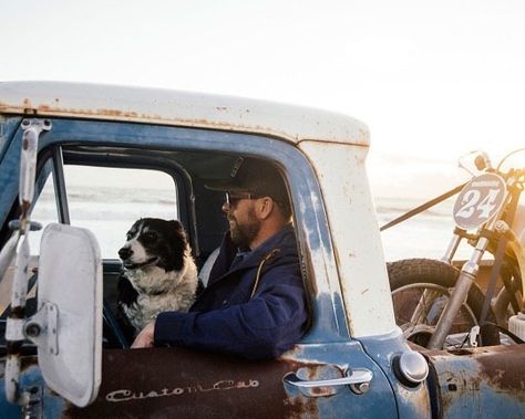 Old Truck, Custom Bike, Biker Life, Man And Dog, Man Up, Fall Outdoor, Cafe Racers, Old Trucks, Mans Best Friend