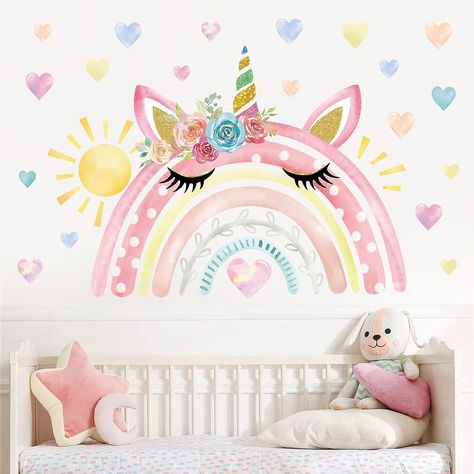 Pastel Unicorn Bedroom, Boho Rainbow Wall Decor, Unicorn Rainbow Room Ideas, Rainbow On Wall Kids Rooms, Girls Rainbow Bedroom Ideas, Rainbow And Unicorn Bedroom, Unicorn Room Ideas, Unicorn And Rainbow Bedroom, Rainbow Theme Bedroom