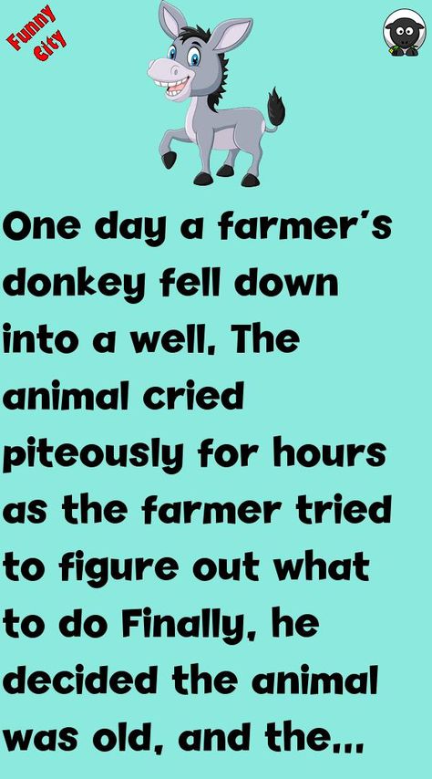 One day a farmer's donkey fell down into a well.The animal cried piteously for hours as the farmer tried to figure out what to doFinally, he decided the animal was old, and the well n.. #story, #funny Funny Moral Stories, Stories With Morals, Humorous Story In English, Small Story With Moral, Short Story About Animals, Funny Incidents, Nursery Stories, Funny Stories For Kids, Funny City