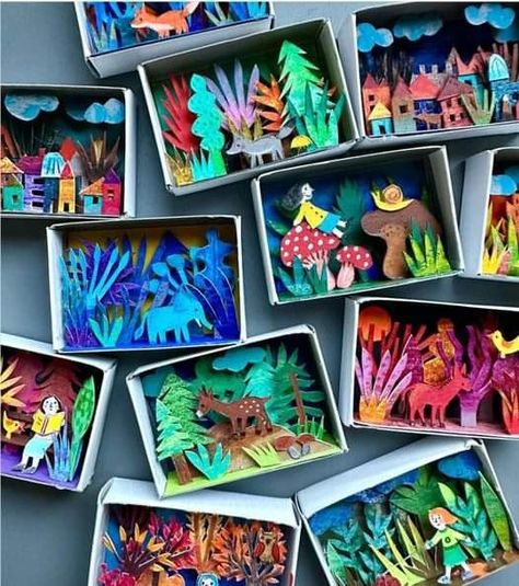 Matchbox Diorama, Shadow Box Kunst, Matchbox Crafts, Matchbox Art, Shadow Box Art, Kids Art Class, Elementary Art Projects, School Art Projects, Camping Art