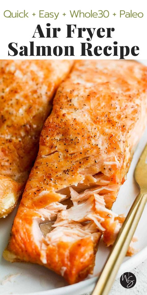 This quick and easy Air Fryer Salmon recipe will give you perfectly tender salmon fillets every single time! Whether you keep this easy salmon recipe simple with salt and pepper or amp up the flavor with our Salmon Seasoning or Salmon Marinade, it is a great option for an easy weeknight meal! Air Fryer Salmon - a super simple air fryer salmon recipe that only requires 3 ingredients and about 10-15 minutes! Whole30, Paleo, Dairy-Free and Gluten-Free. Whole Salmon Recipe, Best Air Fryer Salmon, Pink Salmon Recipes, Easy Air Fryer Salmon, Fried Salmon Recipes, Salmon In Air Fryer, Air Fryer Recipes Salmon, Air Fryer Salmon, Frozen Salmon