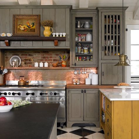 The details in this kitchen are wonderful! But, that stove is over the top gorgeous! Copper Countertops, Brick Backsplash Kitchen, Copper Backsplash, Brick Backsplash, Timeless Kitchen, Primitive Kitchen, Copper Kitchen, Grey Cabinets, Kitchen Redo