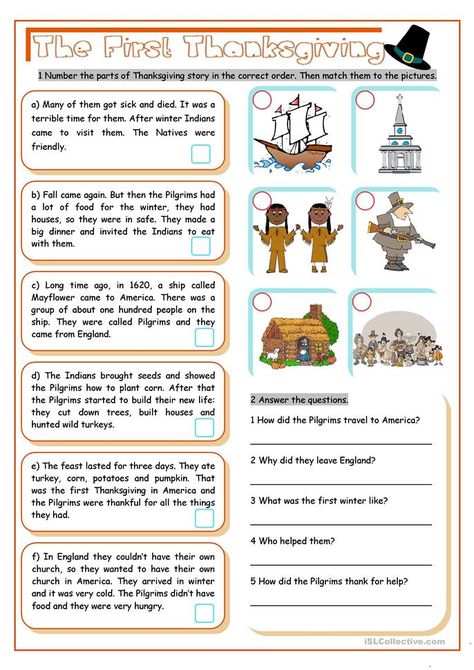 The First Thanksgiving - English ESL Worksheets Thanksgiving Crossword Puzzle, Thanksgiving Crossword, Thanksgiving Reading Comprehension, Thanksgiving Readings, Teaching Thanksgiving, The First Thanksgiving, Thanksgiving History, Thanksgiving Stories, Thanksgiving Worksheets