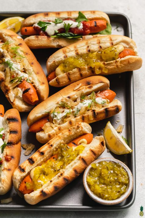 loaded vegan carrot hot dogs on a sheet pan with lemon and relish by sweet simple vegan. #veganbbq #veganjunkfood #vegano Food Truck Recipes, Carrot Hot Dogs, Easy Vegan Food, Vegan Food Truck, Vegan Hot Dog, Grilled Carrots, Carrot Dogs, Fried Goat Cheese, Meat Meals