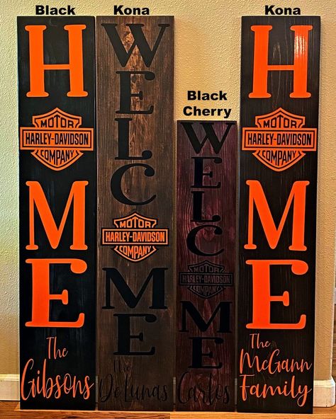 Harley Davidson Gifts For Men Diy, Harley Davidson Diy Crafts, Harley Davidson Home Decor, Harley Davidson Crafts Homemade, Harley Davidson Bedroom Ideas, Diy Harley Davidson Gifts, Garage Signs Diy, Harley Davidson Garage Ideas, Motorcycle Signs