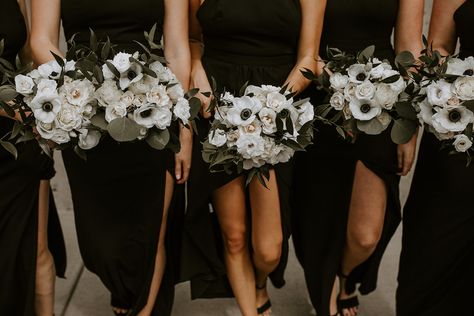 Long Table Dinner, Bridesmaid Bouquet White, Black And White Wedding Theme, Table Dinner, White Wedding Theme, White Bridesmaid, Black Bridesmaids, Dark Wedding, White Wedding Bouquets