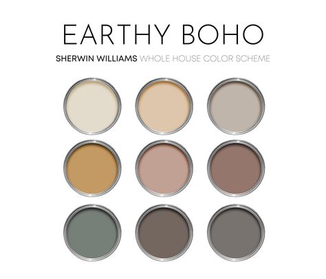 Earthy Boho Sherwin Williams Paint Palette - Interior Paint Colors for Home - Interior Design Paint Scheme, Boho Color Scheme, Neutral Boho Paint Colors, Whole House Color Scheme, Boho Color Scheme, Neutral Interior Paint Colors, Sherwin Williams Paint, House Color Palettes, Boho Color, Paint Color Schemes, Neutral Paint Colors