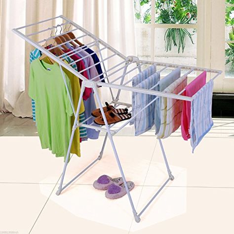 PROMOTION PRICE HomCom Clothes Drying Rack Foldable Rail Hanging Laundry Shelf Storage With Tray Indoor Outdoor White Standing Clothes Rack, Laundry Drying Rack, Laundry Shelves, Free Standing Shelves, Laundry Rack, Hanger Stand, Drying Rack Laundry, Laundry Drying, Hanging Rack