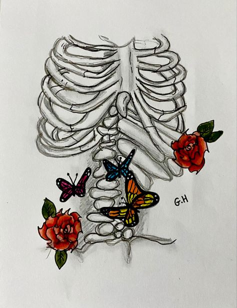 Rib Cage Drawing, Stomach Drawing, Guitar Art Project, Drawing Feelings, Butterfly Sketch, Art Papillon, Skeleton Drawings, Butterflies In My Stomach, Cool Pencil Drawings