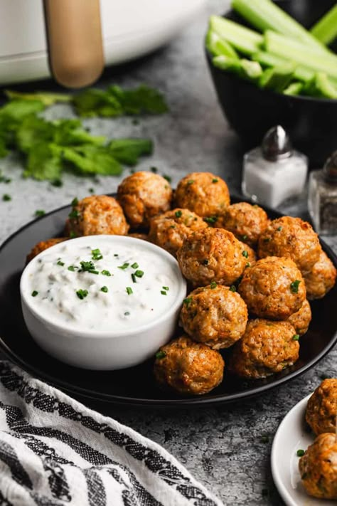 This easy Buffalo Chicken Meatballs recipe is served with a homemade bleu cheese dip and is ready in less than 20 minutes! Make it in the air fryer or oven and it will be a hit at your next game day or party. Chicken Meatballs Recipe, Easy Buffalo Chicken, Buffalo Chicken Meatballs, Chicken Meatball Recipes, Whipped Goat Cheese, Tastes Better From Scratch, Winter Meals, Scratch Recipes, How To Cook Meatballs