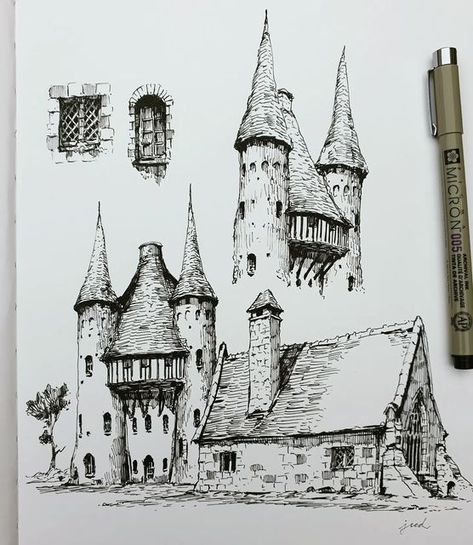 Midevil Houses Concept Art, Architecture Drawing Exercise, Fantasy Building Drawing, Fantasy City Sketch, How To Draw Environments, Easy Building Sketches, How To Draw A Building, How To Draw Buildings, Place Sketch