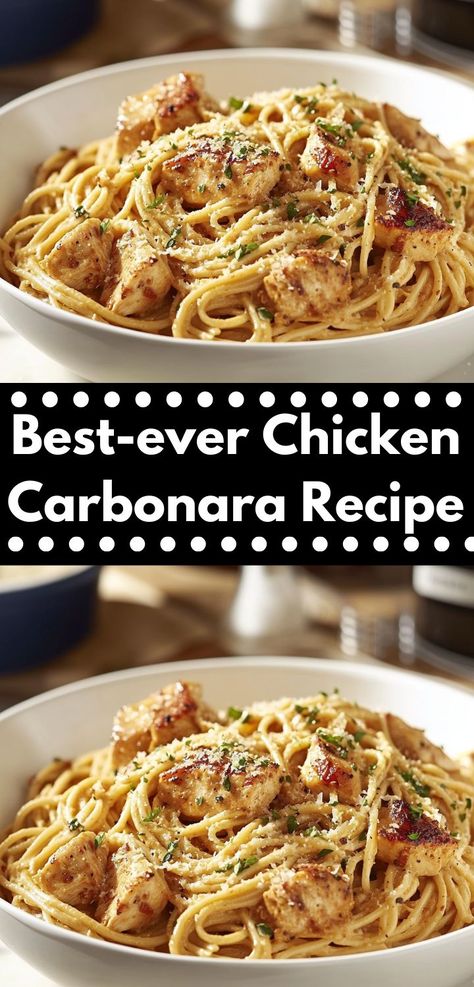 Create a delicious Chicken Carbonara with minimal effort. This recipe features succulent chicken, a creamy egg-based sauce, and Parmesan, making it a family-friendly meal that everyone will love. Bacon Carbonara, Chicken Carbonara Recipe, Chicken Carbonara, Italian Pasta Dishes, Carbonara Recipe, Hearty Chicken, Carbonara Pasta, Savory Chicken, Yummy Chicken Recipes