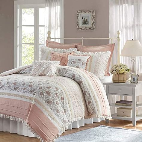 9 Piece Cottage Country Cotton Percale Blush Ivory Comforter Cal King Set, Beautiful Lace Ruffle Paisley Pintuck Ultra Soft Shabby Chic Bedding Set with 3 Decorative Pillows, Farmhouse Bedroom Decor Farmhouse Comforter, Ivory Comforter, Shabby Chic Comforter, Shabby Chic Bedding Sets, White Bed Skirt, Paisley Comforter, Shabby Chic Decor Bedroom, Solid Bed, Cotton Comforter Set