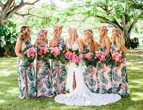 Colorful Tropical Wedding at Dillingham Ranch - Inspired By This Tropical Wedding Makeup, Colorful Tropical Wedding, Print Bridesmaid Dresses, Dillingham Ranch, Hot Pink Peonies, Bridesmaids Pink, Amazing Wedding Makeup, Beautiful Wedding Makeup, Printed Bridesmaid Dresses