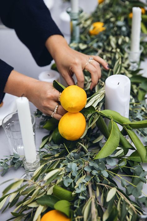 lemon and olive branch centerpiece Kitchen Table Centerpiece Ideas, Branch Centerpiece, Lemon Centerpieces, Table Centerpiece Ideas, Branch Centerpieces, Italian Dinner Party, Italian Party, Italian Theme, Kitchen Table Centerpiece