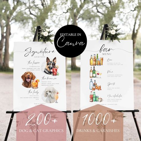 Cat Signature Cocktail, 2000s Romcom, Watercolor Drinks, Cocktail Signs, Wolf Wedding, Beautiful Drinks, Bar Menu Template, Signature Drink Sign, Signature Cocktail Sign