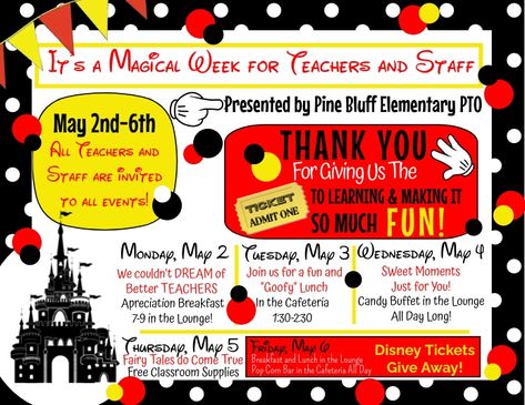 Disney Themed Teacher Appreciation Week, Teacher Appreciation Disney Theme, Disney Teacher Appreciation Week, Disney Teacher Appreciation, Appreciation Themes, Teacher Appreciation Week Themes, Teacher Appreciation Themes, Staff Appreciation Week, Disney Tickets