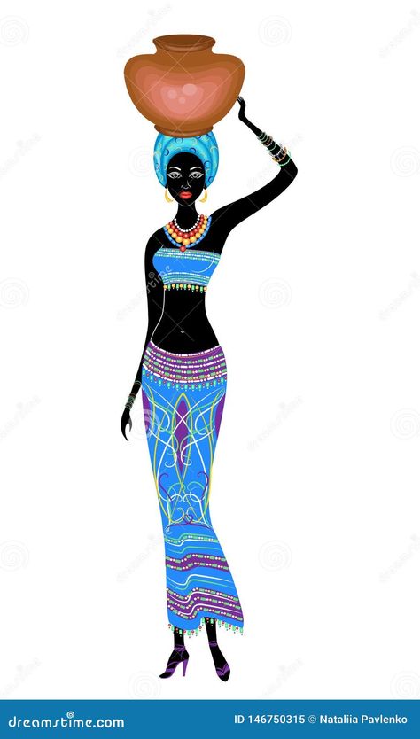 Slender beautiful African-American lady. The girl carries a pot on her pot. Vector illustration. African Vibes, American Lady, The Centurions, African Women Art, Africa Art, African Queen, African Design Dresses, African Design, Woman Painting