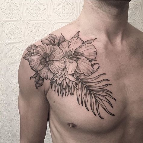 Mens Flower Tattoo, Flower Back Tattoos, Back Tattoos Men, Yellow Flower Tattoos, Ryan Tattoo, Nyc Nature, Men Flower Tattoo, Cool Shoulder Tattoos, Iris Tattoo