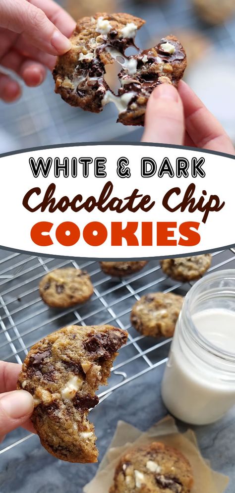 Nothing can compare to a delicious chocolate chip cookie. But these cookies have a special treat inside -- white chocolate! Crispy on the edges and soft in the middle these chocolate chip cookies have both chopped dark chocolate, white chocolate and walnuts for an irresistible treat.  Give the recipe a try! White Choc Chip Cookies, Oatmeal Breakfast Bars Healthy, Dark Chocolate Chip Cookies, Chocolate Oatmeal Cookies, Dark Chocolate Cookies, White Chocolate Chip Cookies, Choc Chip Cookies, Oatmeal Cookie Recipes, Baked Chips