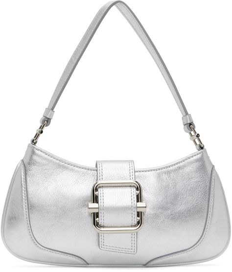 Grained leather shoulder bag in silver-tone. · Fixed shoulder strap · Pin-buckle hardware at magnetic press-stud tab · Zip closure · Patch pocket at interior · Brushed jersey lining · Logo-engraved silver-tone hardware · H4.5 x W10 x D1 in Supplier color: Silver Metallic Clutch Bag, Silver Handbag, Silver Bags, Metallic Purse, Workout Bags, Trending Handbag, Silver Engraving, Leather Messenger Bag, Leather Messenger