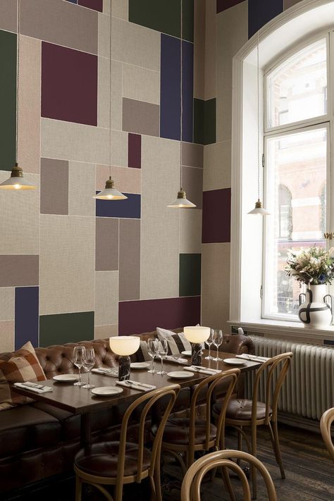 Design an intimate, atmospheric dining space with BelarteSTUDIO's Bold Grid mural wallpaper in burgundy, dark green and blue. These rich jewel colours bring depth your walls with a contemporary geometric pattern. Explore this eclectic interior wallpaper, designed by Sebastian Dollinger, at belartestudio.com. Colorful Tiles, Grid Wall, Modern Wallpaper Designs, Patterned Wall, Wallpaper Interior Design, Interior Wallpaper, Colourful Tile, Geometric Tiles, Contemporary Wallpaper