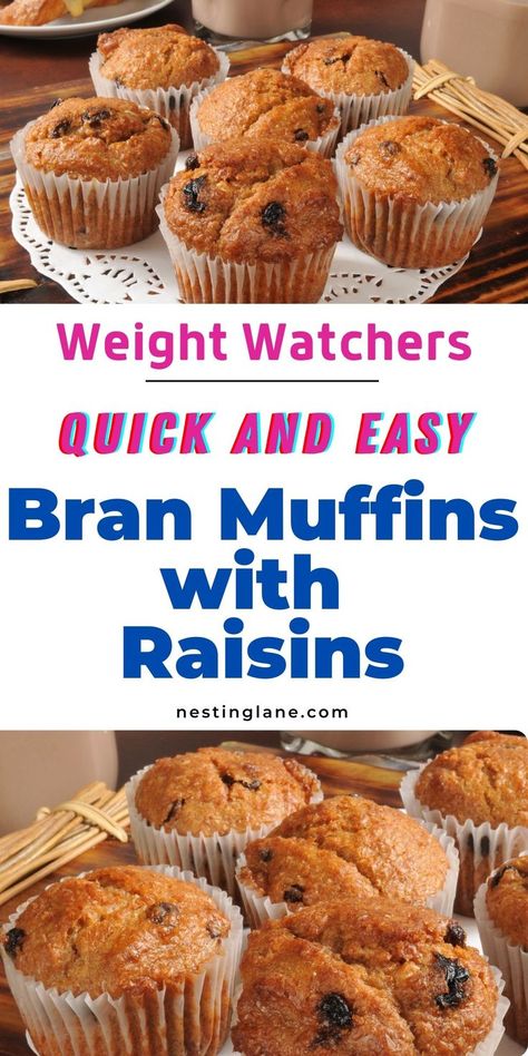 Graphic for Pinterest of Weight Watchers Bran Muffins With Raisins Recipe. Weight Watchers Bran Muffin Recipe, Bran Muffins With Raisins, Muffins With Raisins, Wheat Bran Muffins, Raisin Bran Muffin Recipe, Apple Bran Muffins, Raisins Recipe, Bran Muffins Healthy, Raisin Bran Muffins