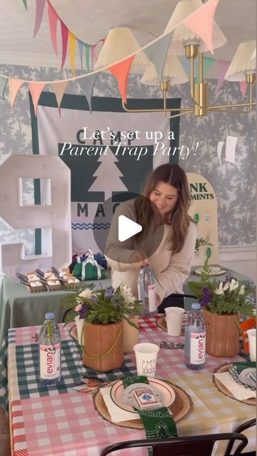 Katelyn Showalter on Instagram: "Let’s set up a Parent Trap Party! 

Comment SHOP and I will send links to what I can! 

Here’s where everything else if from the I can’t link:
Things I made….Cups, Signs, Queen Elizabeth place cards, bunk assignments(more on that soon!) 
Camp Macy Banner: @pretiestpartygirl
Wood & lantern flower “vases”: @target dollar spot
Balloons: @littlepartygirlco sent me, and I put it together myself. Which honestly proud of myself because balloons are not my thing! Haha 

If I am missing anything please ask! 

.
.
.
.
.
.
#parenttrapparty #kidspartyideas #kidsparty #parenttraptheme #partyplanner #nancymeyersaesthetic #makingmemories #9thbirthday #theparentparty #athomeparty #kidspartythemeidea" Parent Trap Birthday Party Ideas, Parent Trap Party Ideas, Fun Themes For Parties, Parent Trap Themed Party, Parent Trap Birthday Party, The Parent Trap Aesthetic, Parent Trap Bachelorette Party, Parent Trap Party, Parent Trap Aesthetic