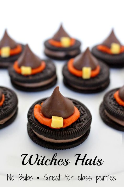 20+ Halloween Treats • Domestic Superhero Halloween Witch Hat Cookies, Halloween Classroom Treats, Biscuits Halloween, Witch Hat Cookies, Halloween Snacks For Kids, Postres Halloween, Kids Halloween Food, Halloween School Treats, Fun Halloween Treats