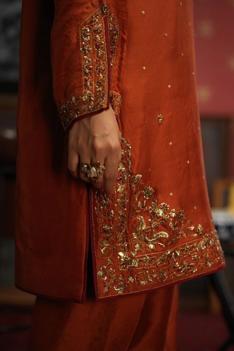 Unique Dress Styles, Pakistani Kurta, Rust Colour, Embroidery Suits Punjabi, Shadi Dresses, Punjabi Outfits, Hand Embroidery Dress, Bridal Dresses Pakistan, Pakistani Fashion Party Wear