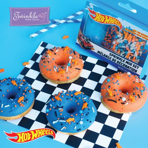 decorated with our ALL-NEW Hot Wheels Boxed Sprinkle Mix! Hot Wheels Donut, Hot Wheels Cupcakes Ideas, Hot Wheels Birthday Party Ideas Food, Hot Wheels Cake Pops, Hot Wheels Monster Truck Party, Hot Wheels Cookies, Hot Wheels Cupcakes, Hot Wheels Party Decorations, Canada Cake