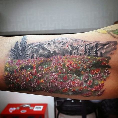 Flower Field Tattoo, Nature Tattoos For Men, Field Tattoo, Small Nature Tattoo, Nature Tattoo Ideas, Mountain Flowers, Flower Tattoo Back, Nature Tattoo, Geometric Nature