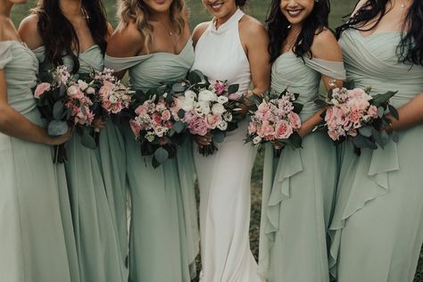 Our bride wanted the colors sage, ivory, and blush as her theme colors for her Garden Wedding at Kualoa Ranch. What can we say, we're in LOVE! Wedding Planning & Design: For the Good Events Dresses: David's Bridal #forthegoodevents #ftgwedding365 #weddingdress #wedding #bride #weddingday #bridesmaids #love #weddinginspiration #fashion #bridal #weddingphotographer #bridetobe #photography #weddings #sage #blush #ivory #weddingplanner #bridesmaids #dress #weddinggown #gardenwedding #weddingideas #i Green Chiffon Bridesmaid Dress, Mint Green Bridesmaids, Mint Green Bridesmaid Dresses, Bridesmaid Dresses Chiffon, Sage Bridesmaid Dresses, Sage Green Bridesmaid Dress, Sage Wedding, Sage Green Wedding, Green Bridesmaid