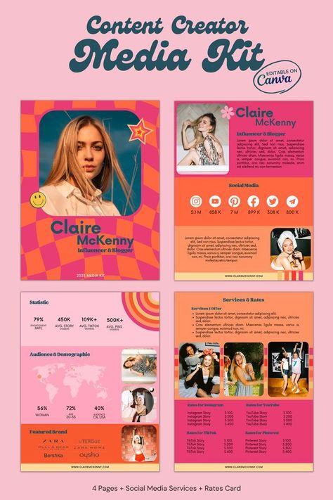 Media Kit for Instagram TikTok YouTube Influencer | 4 Pages | Media Kit | Press Kit Press Kit Design, Media Kit Design, Youtube Influencer, Typography Design Font, Graphic Shapes Design, Business Model Canvas, Social Media Kit, Logo Creator, Create Logo