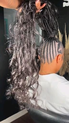 Cornrow Braid Updo Styles, Braid In A Ponytail, Bohemian Feed In Braids Ponytail, Cornrows To Ponytail, Corn Row Braided Ponytail Hairstyles, Braided Boho Ponytail For Black Women, Stitch Braided Ponytail Hairstyles, High Ponytail Cornrows With Curls, Blonde Feed In Braids Ponytail